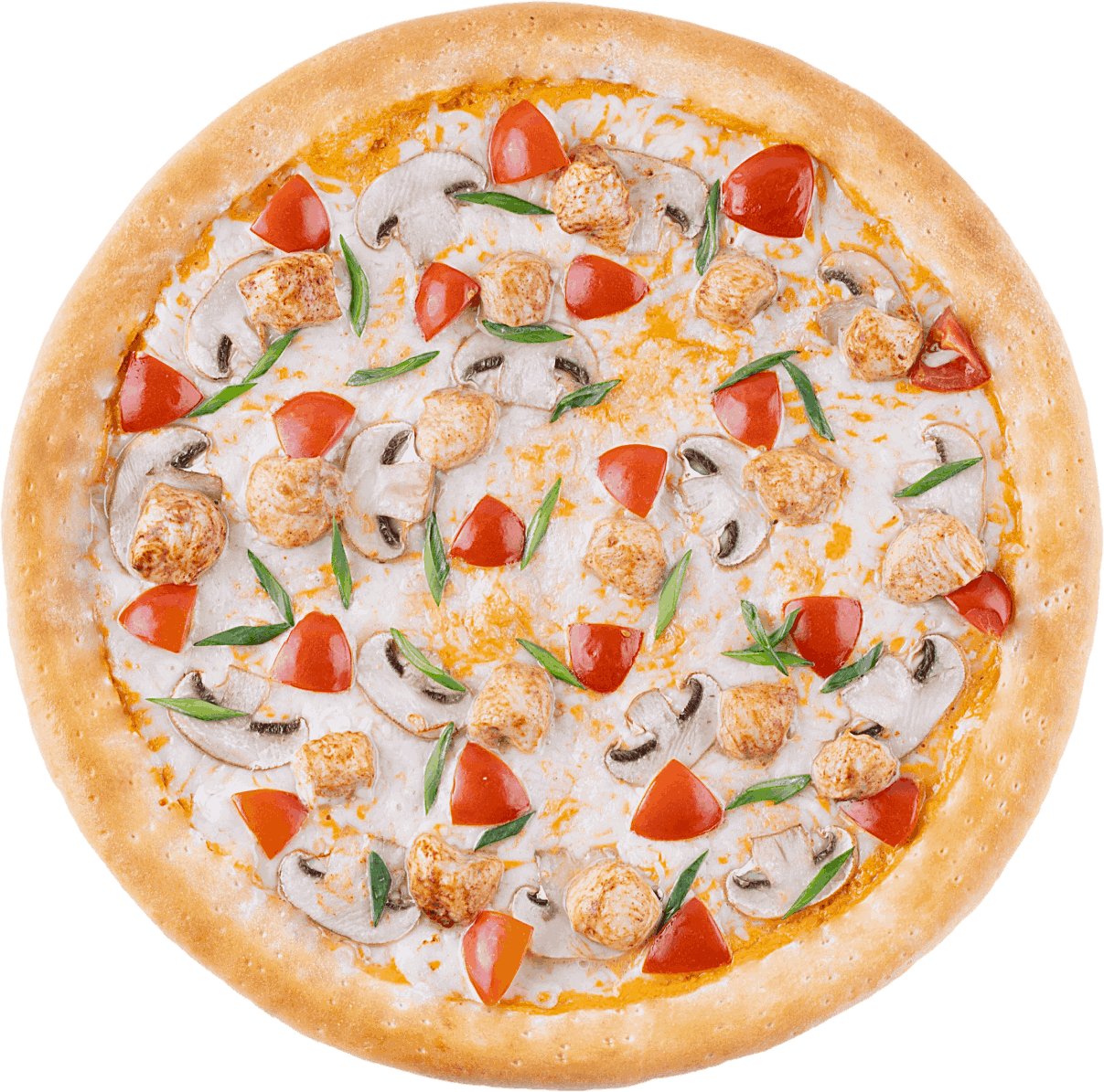 Pizza with mushrooms, chicken, and tomatoes.